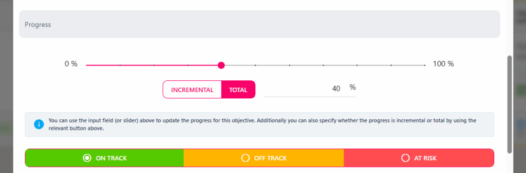 Progress slider and value field used to record progress