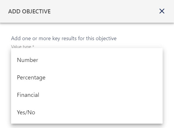 Choosing how a key result is measured: percentage, number, financial or yes/no