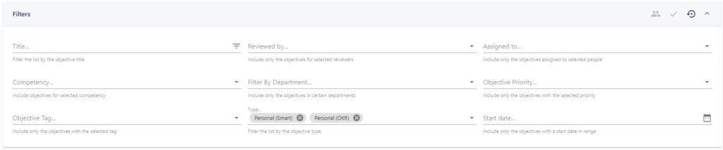 The filters bar used to pinpoint specific objectives by person or type