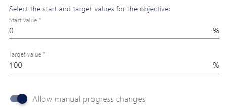 Start value and target value fields for a percentage-measured objective