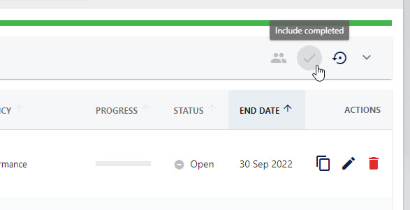 The Include Completed tick in the filters bar of the Objective Manager