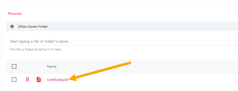 An uploaded document listed in your personal folder, ready to attach