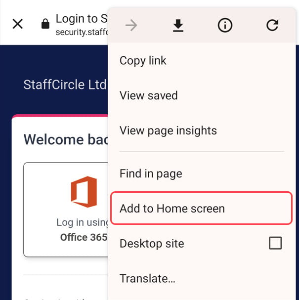 The three dots menu on Android with Add to Home Screen selected
