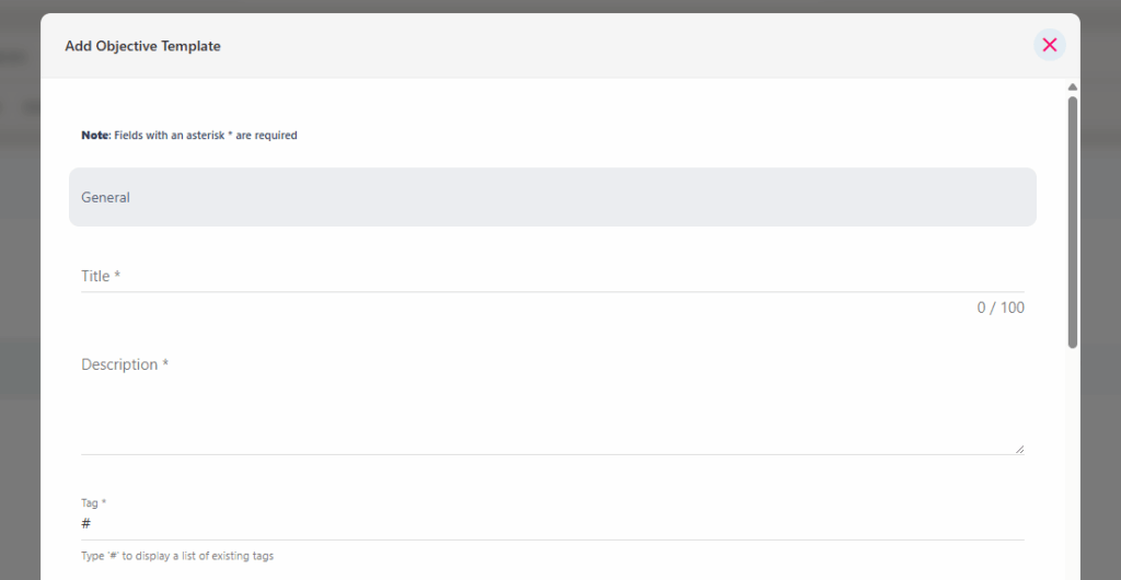 General section of the template form with the title, description and tags