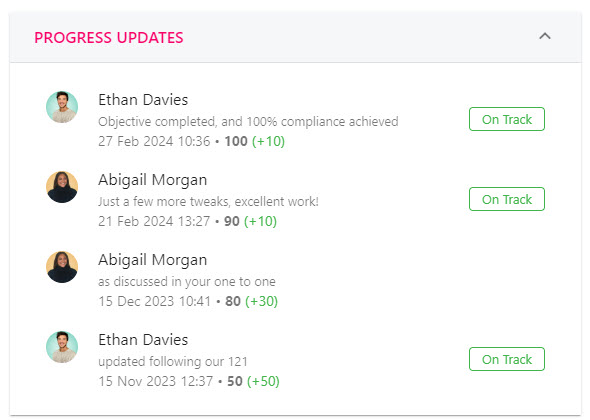 Progress updates area showing who made the change, the time stamp and comment
