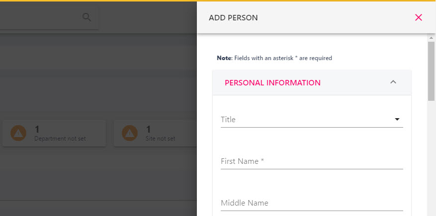 Add person form with the required fields marked by an asterisk