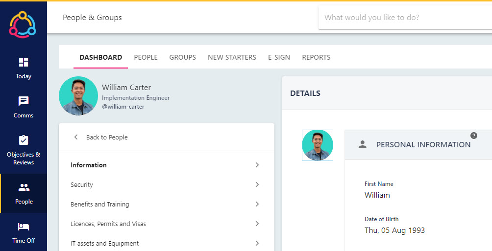 An employee's profile open with their personal information in the centre