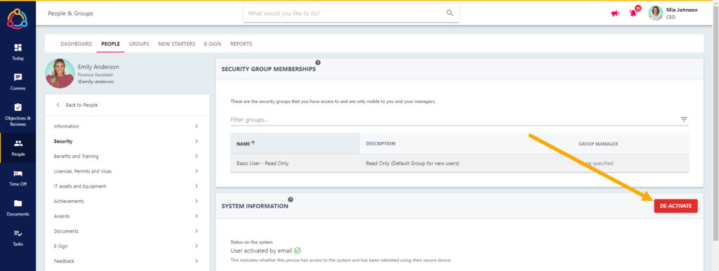 The Deactivate button in the System Information section of the Security tab