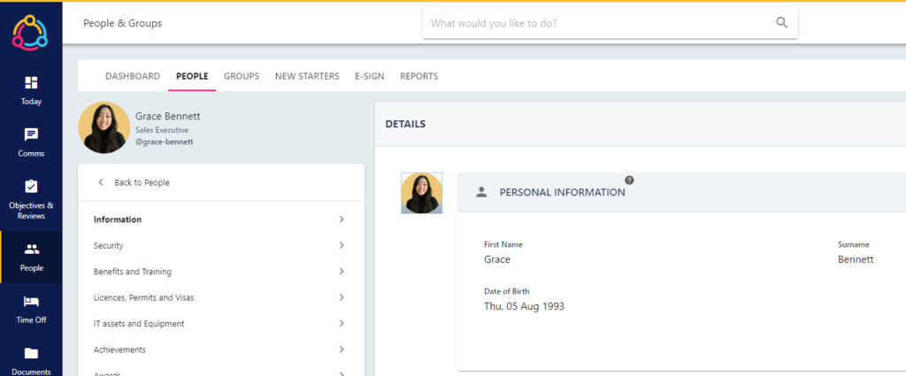An employee's profile opened from the People list