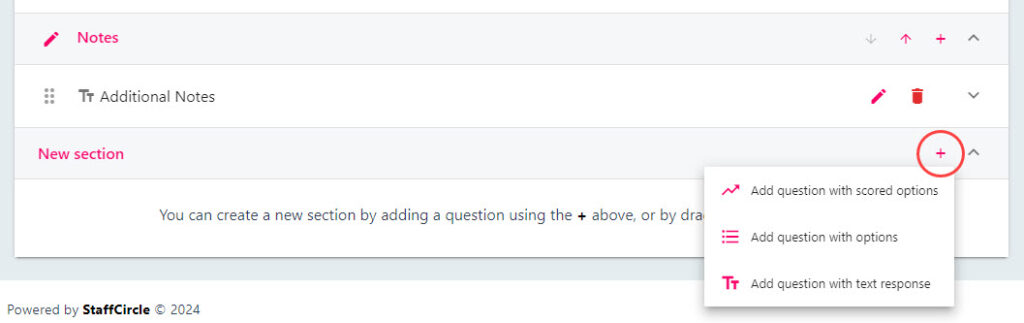 The plus button beside a new section for adding questions to that section