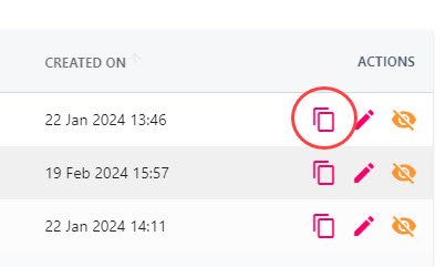 The Clone button in the Actions column of the feedback questions list