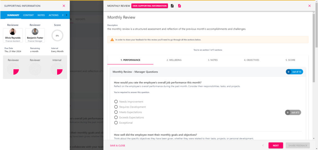 A set of review feedback questions as a participant answers them