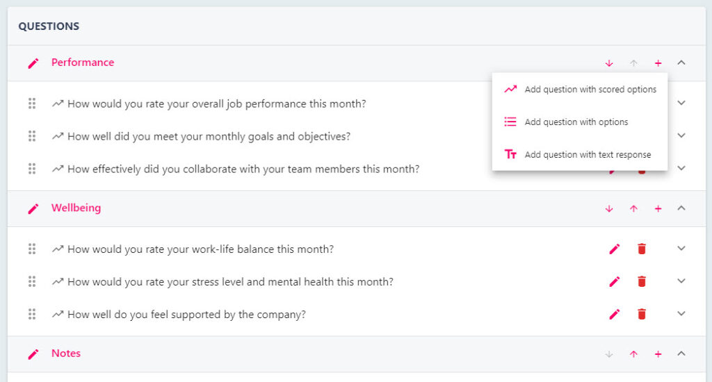The Questions area with the plus button for adding a question type