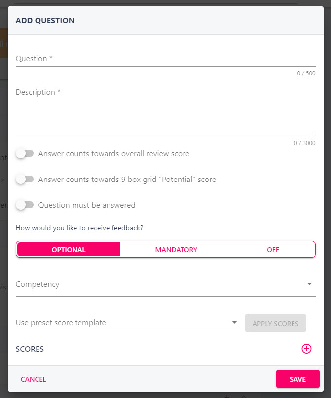 Add Question pop-up with the question and description fields