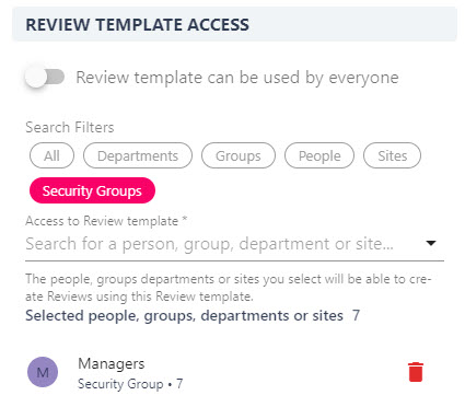 Review Template Access section controlling who can use the template