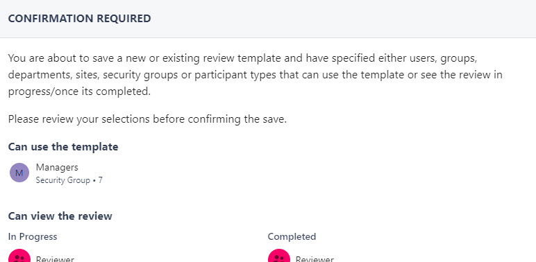 Final page of the Add Review Template drawer summarising the settings chosen