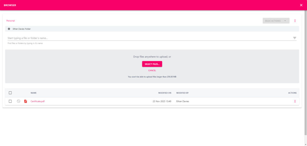 The Add File option and Select Files button in your personal documents