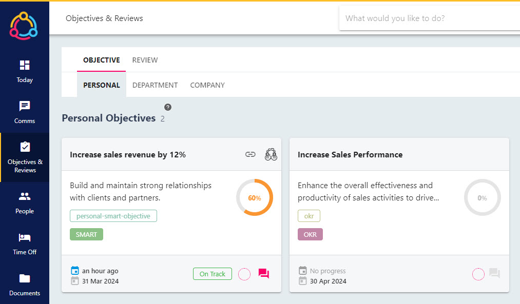 Your open personal objectives displayed as tiles