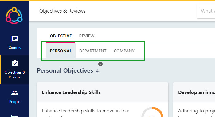 Tabs for switching between personal, department and company objectives
