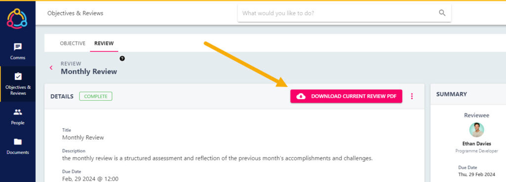 The Download current review PDF button on the review details page
