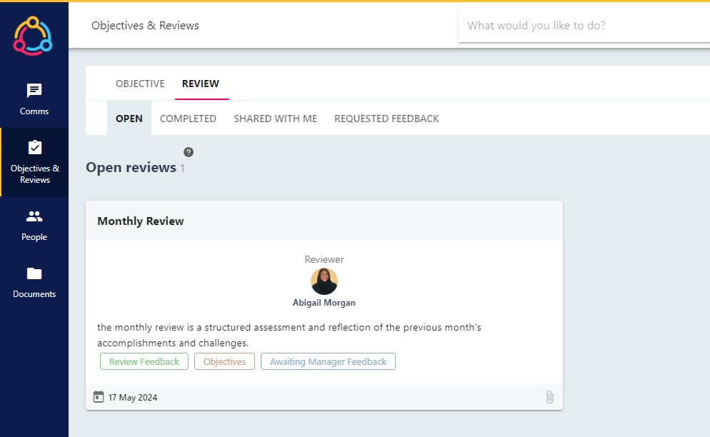 Open Reviews tiles with the due date in the corner of each tile