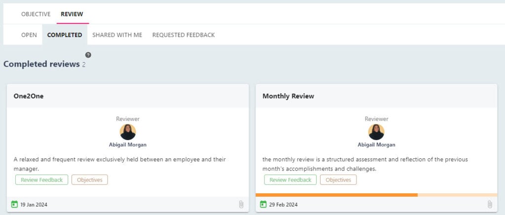 Completed review tiles that open the feedback for each review