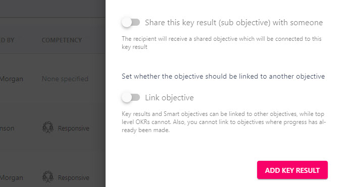 The toggle for sharing a key result with another person in the organisation