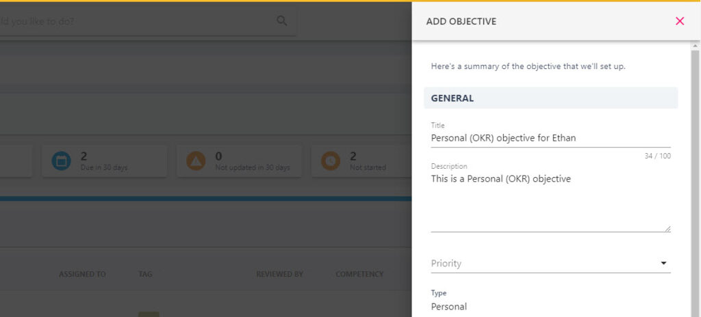 OKR title, description and priority fields on the final step of the drawer
