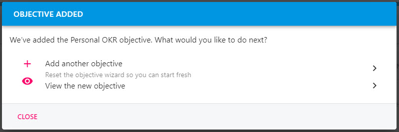 Pop-up confirming the OKR was created, with the View the new objective option