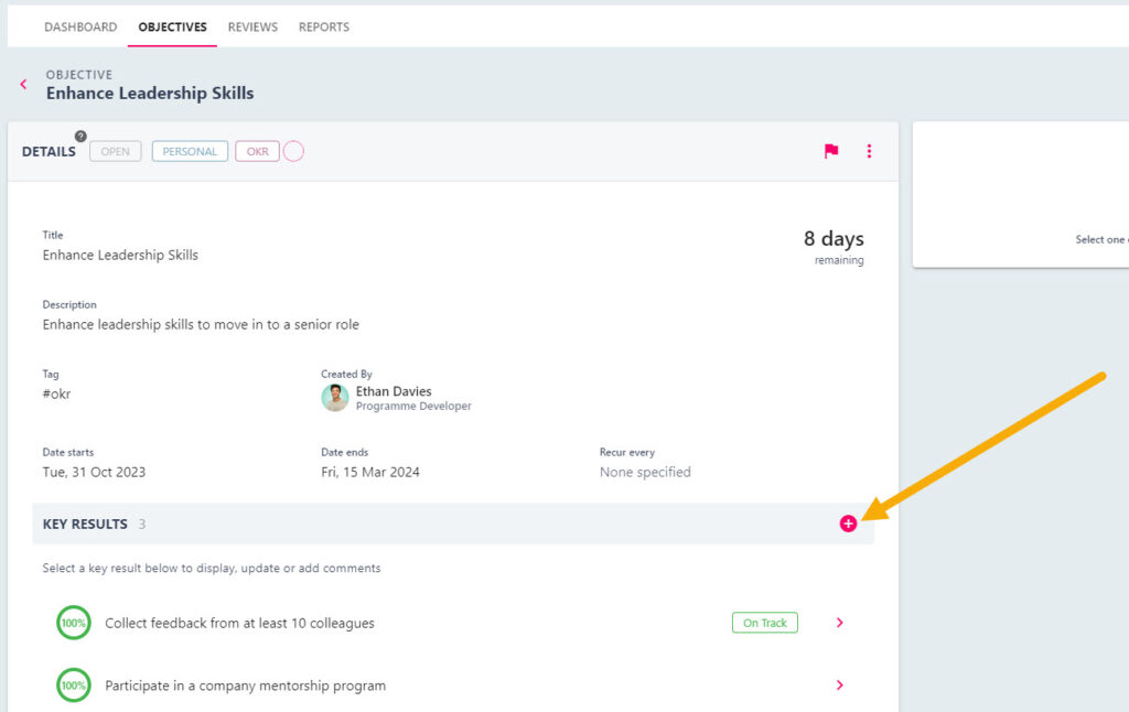 The plus button in the Key Results section header of the Objective Details page