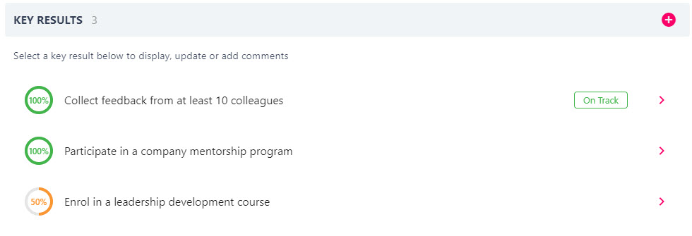 Key Results section of the OKR details page listing the newly added key result