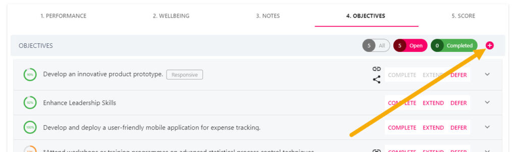 The plus button beside the green Completed tab in the review's objectives