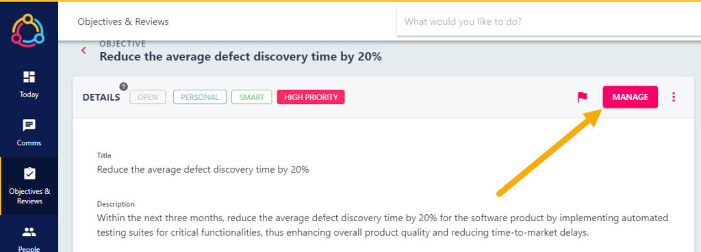 The Manage button on the objective details page