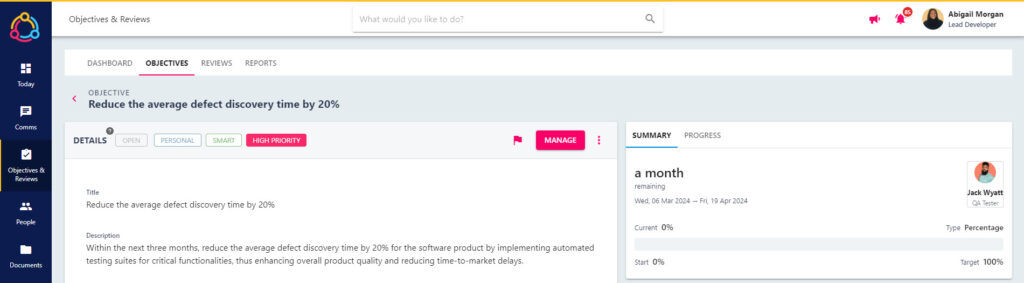 An employee's Objective details page opened from the list