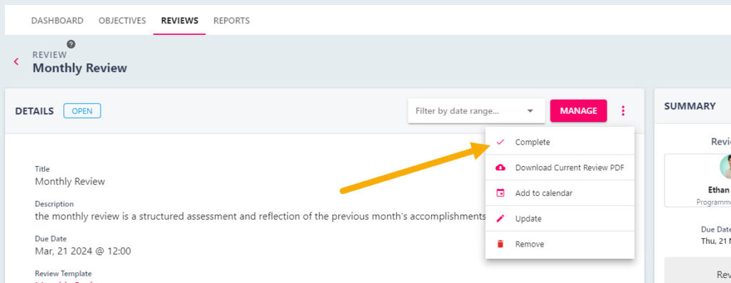 Confirmation pop-up for marking an objective as complete