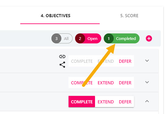 The Completed count at the top of the page after marking objectives complete