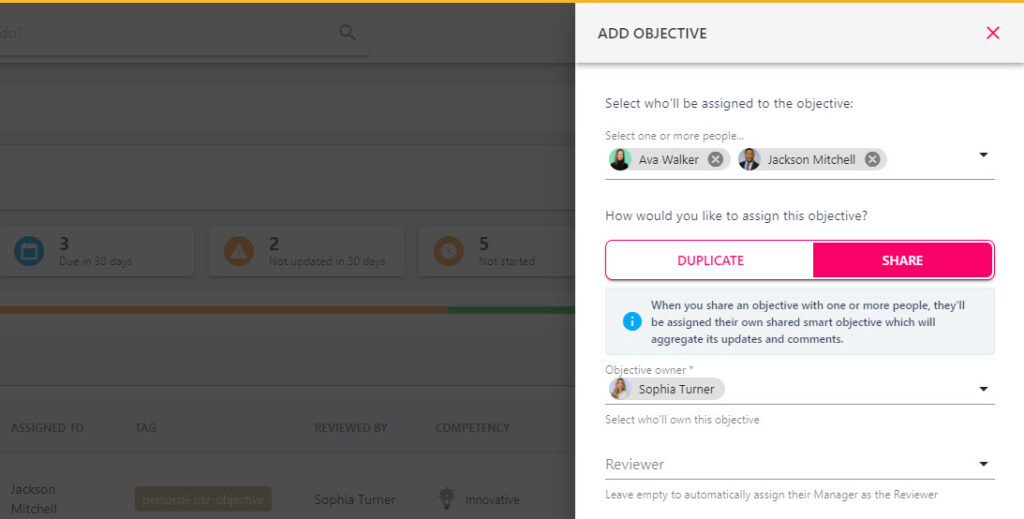 The Share button beneath the people drop-down for a shared objective