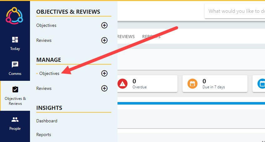 Side-bar navigation from Objectives and Reviews to Manage then Objectives