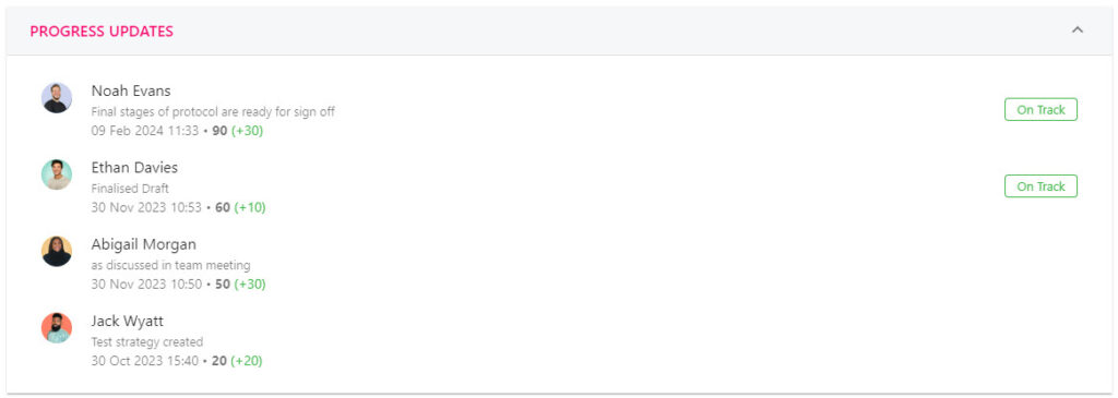 Saved progress update with author, time stamp and comment shown in the review