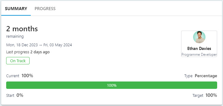 The Objective Details page with the progress bar showing the latest update