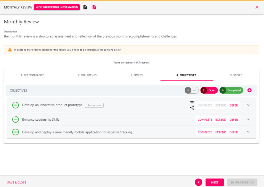 The Objectives section shown while completing an employee's review