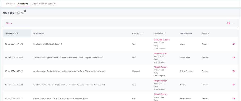 The Audit Log tab in Security and Data, with its six filters