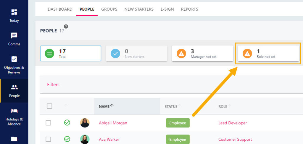 The Manage People list filtered by the Role not set button