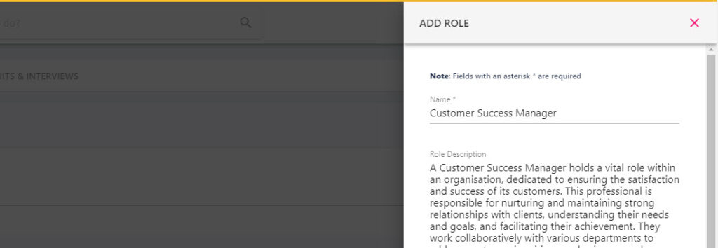 Add Role form with title, description, hiring manager and average tenure fields