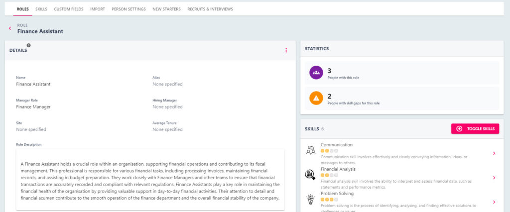 Role Details page showing people in the role, skills and progression routes