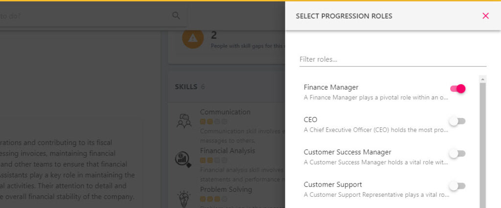 Select Progression Routes drawer with progression roles toggled on