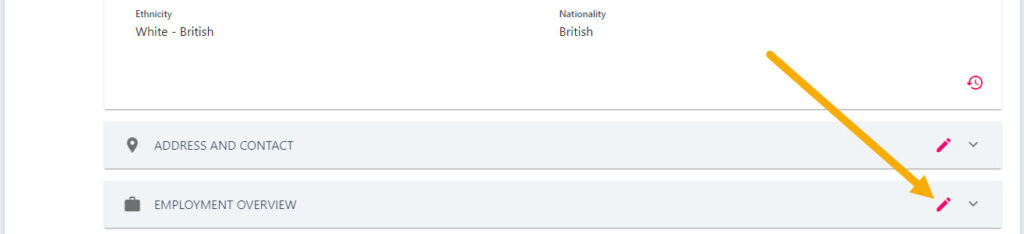 The pencil icon in the Employment Overview section of the employee profile