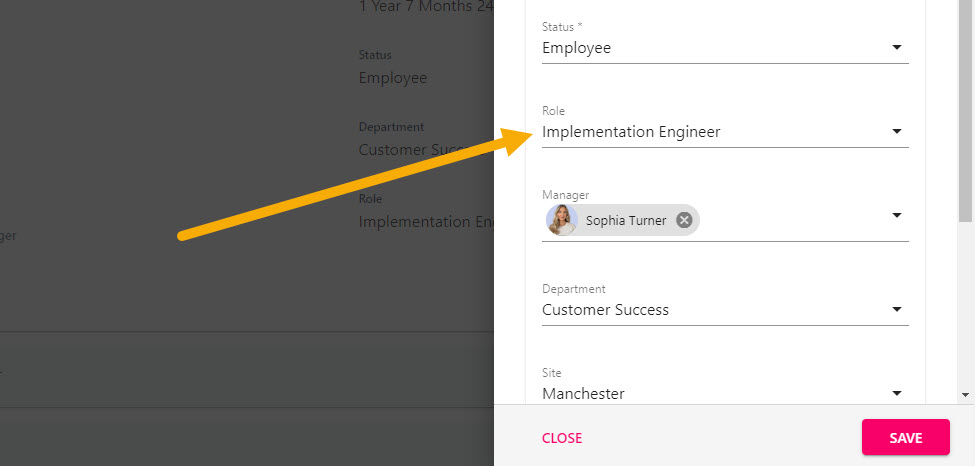 Selecting a new role from the Role drop-down in the Update Person drawer