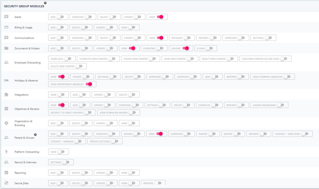 Recommended permission switches for a basic user security group