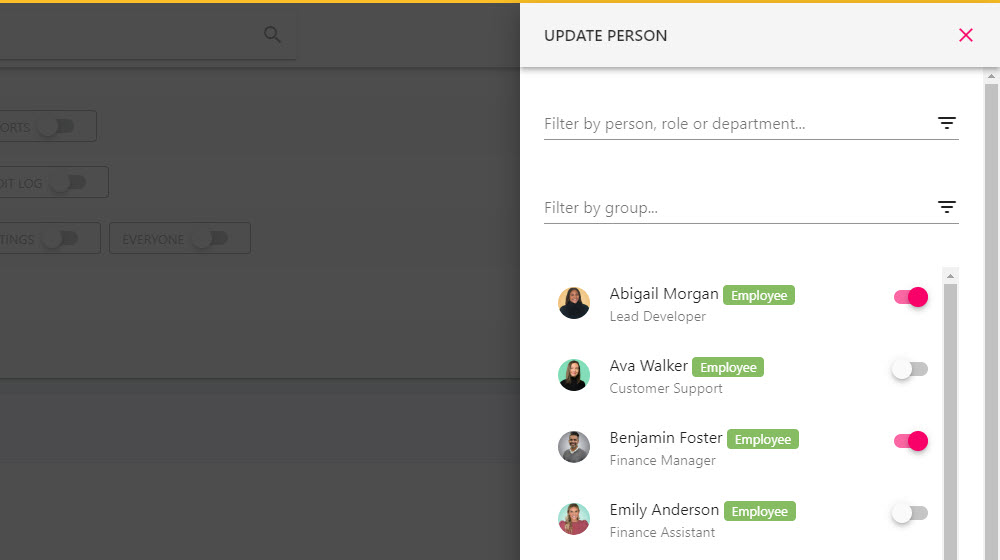 Toggles used to add a person to, or remove them from, the security group